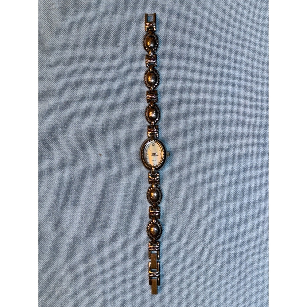Vintage Silver Tone Mother of Pearl Dial Hematite Cabochon Link Bracelet Watch